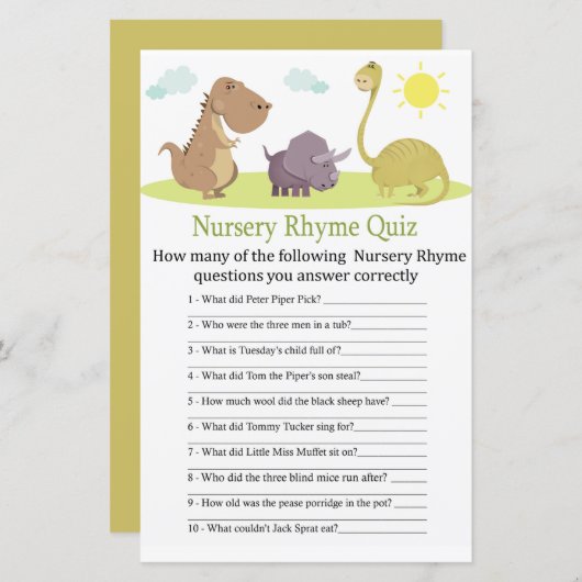 Dinosaur Nursery Rhyme Quiz baby shower game (Voorkant / Achterkant)