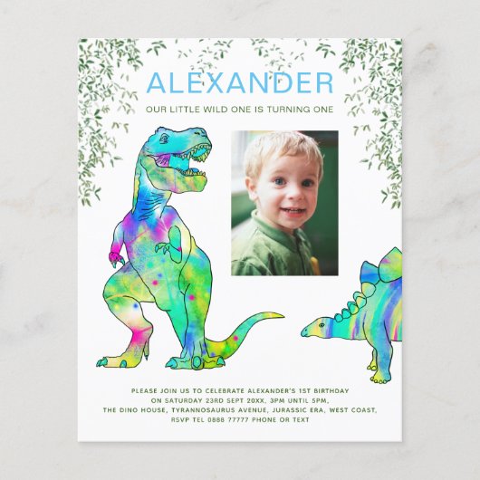 Dinosaur oerwoud 1st Birthday Party Budget blue Flyer (Voorkant)