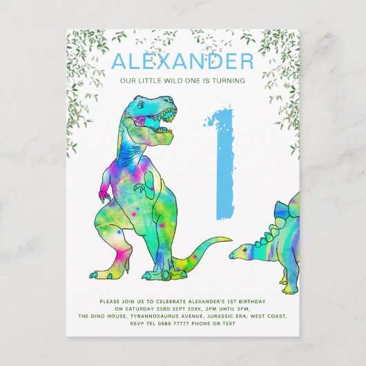 Dinosaur oerwoud 1st Birthday Party Budget blue Uitnodiging Briefkaart (Voorkant)