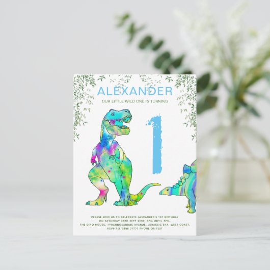 Dinosaur oerwoud 1st Birthday Party Budget blue Uitnodiging Briefkaart (Staand voorkant)