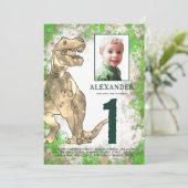 Dinosaur Oerwoud 1st Birthday Party Foto Kaart (Staand voorkant)