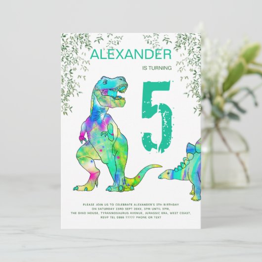 Dinosaur oerwoud 5e verjaardag van de uitnodiging (Staand voorkant)