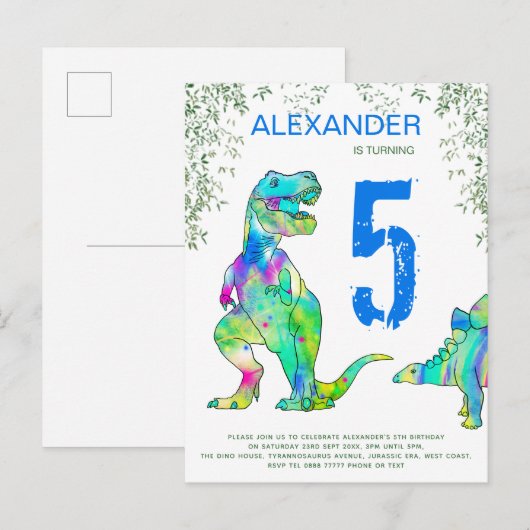 Dinosaur oerwoud 5e verjaardag van het blauw van d uitnodiging briefkaart (Voorkant / Achterkant)