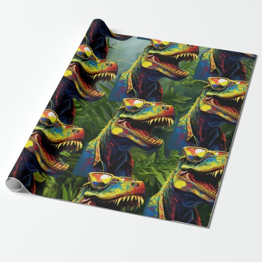 Dinosaur Oerwoud Cool Yellow Happy Birthday Cadeaupapier (Uitgerold)