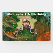 Dinosaur-oerwoud T-rex, foto van wollen mammot Spandoek (Horizontaal)