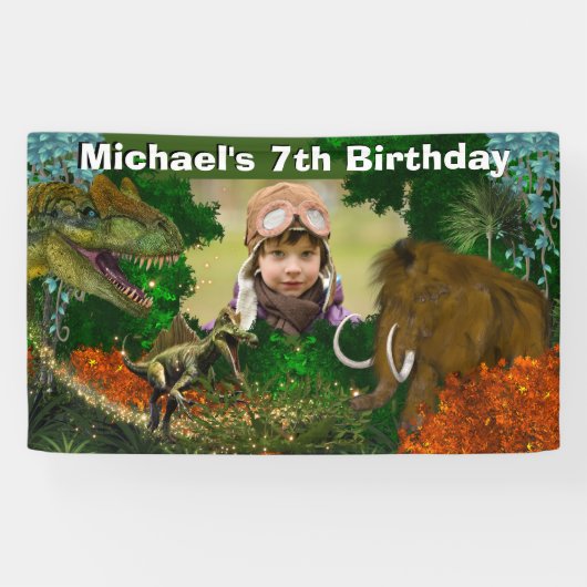 Dinosaur-oerwoud T-rex, foto van wollen mammot Spandoek (Horizontaal)