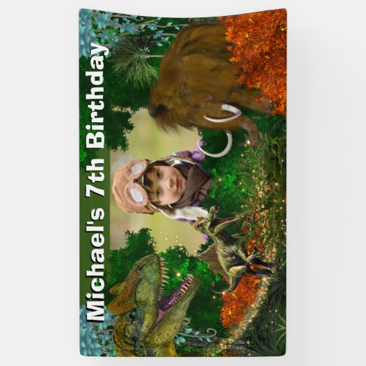 Dinosaur-oerwoud T-rex, foto van wollen mammot Spandoek (Verticaal)