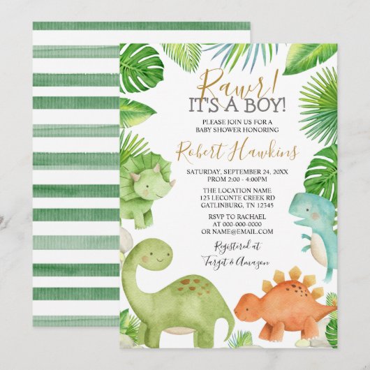 Dinosaur Oh Boy Baby shower Kaart (Voorkant / Achterkant)