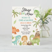 Dinosaur One-A-Saurs 1st Birthday Party Invitation Kaart (Staand voorkant)