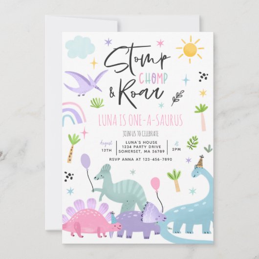Dinosaur One-A-Saurs 1st Birthday Party Invitation Kaart (Voorkant)