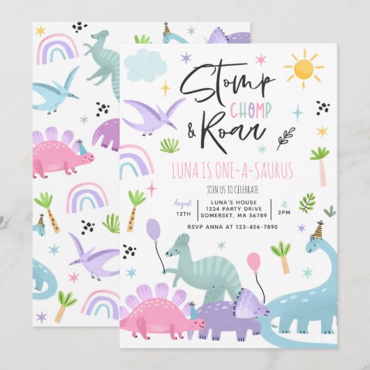 Dinosaur One-A-Saurs 1st Birthday Party Invitation Kaart (Voorkant / Achterkant)