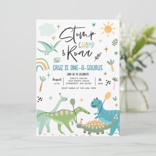 Dinosaur One-A-Saurs 1ste verjaardag Kaart (Staand voorkant)