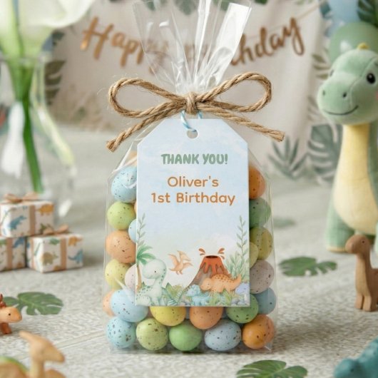 Dinosaur One-A-Saurus 1e verjaardag bedankt Cadeaulabel