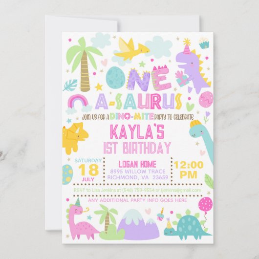 Dinosaur ONE A-Saurus 1e verjaardag Uitnodiging (Voorkant)