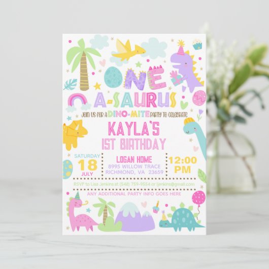 Dinosaur ONE A-Saurus 1e verjaardag Uitnodiging (Staand voorkant)