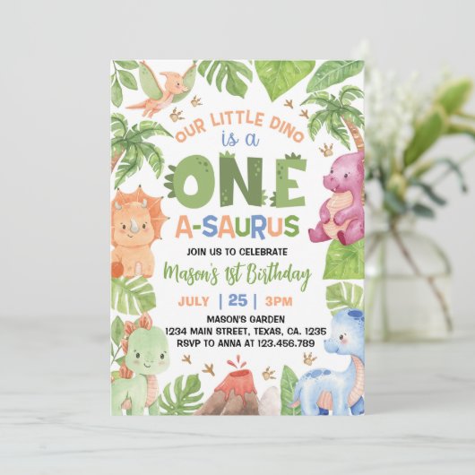Dinosaur One-A-Saurus 1e verjaardag uitnodiging (Staand voorkant)