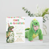 Dinosaur One-A-Saurus 1e verjaardagsfeestje Kaart (Staand voorkant)