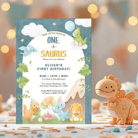Dinosaur One-A-Saurus 1e Verjaardagsfeestje Kaart