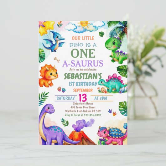 Dinosaur One-A-Saurus 1e verjaardagsfeestje Kaart (Staand voorkant)