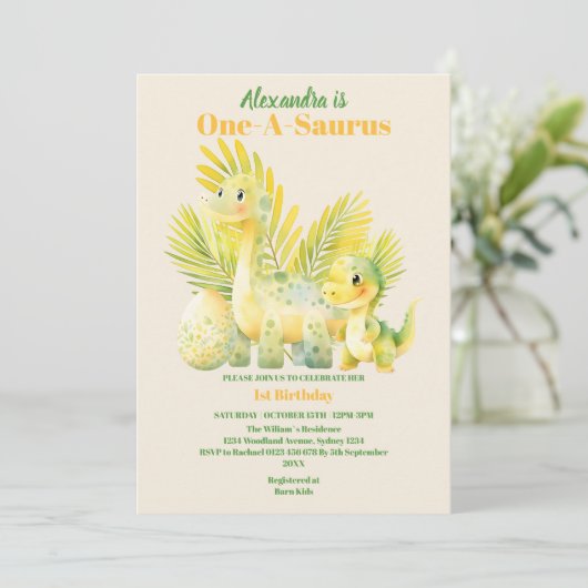 Dinosaur One-A-Saurus 1st Birthday Party Kaart (Staand voorkant)