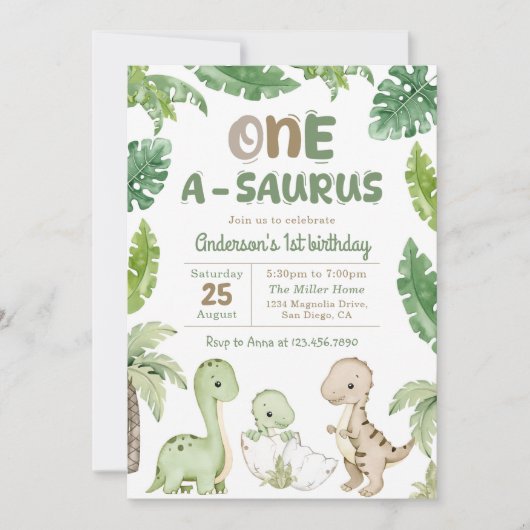 Dinosaur One-A-Saurus 1st Birthday Party Kaart (Voorkant)