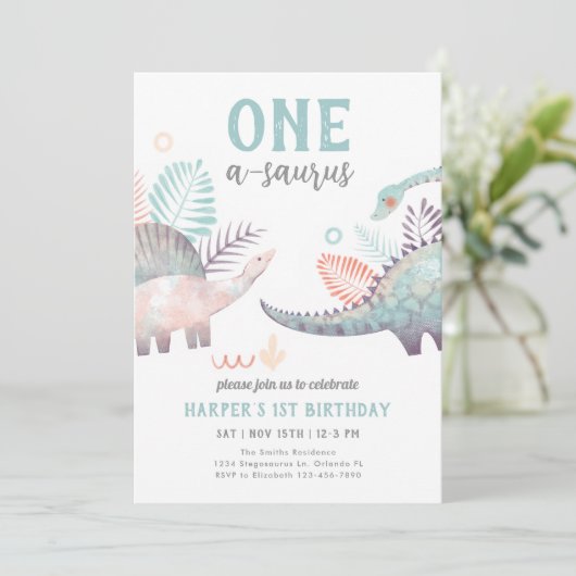 Dinosaur One-A-Saurus 1st Birthday Party Kaart (Staand voorkant)