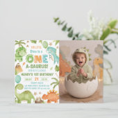 Dinosaur One-A-Saurus 1st Birthday Party Photo Kaart (Staand voorkant)