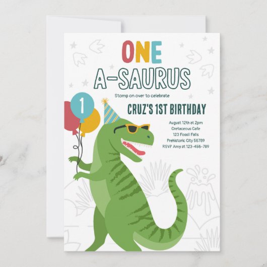 Dinosaur One A-Saurus 1st Birthday Party T-Rex Kaart (Voorkant)