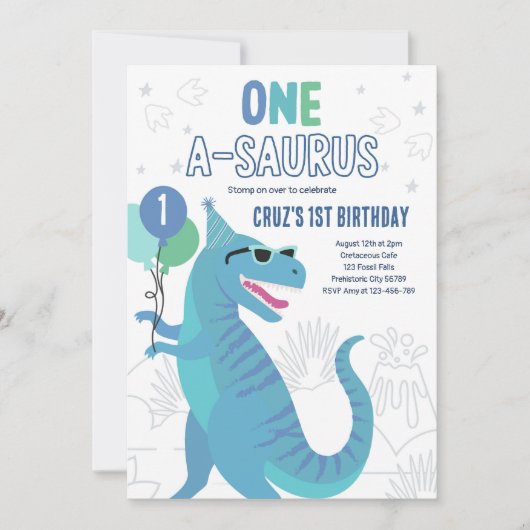 Dinosaur One A-Saurus 1st Birthday Party T-Rex Kaart (Voorkant)