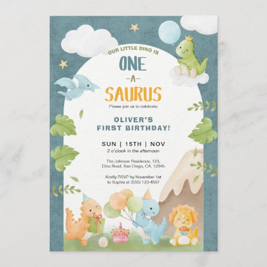 Dinosaur One-A-Saurus 1st First Birthday Party Kaart (Voorkant)