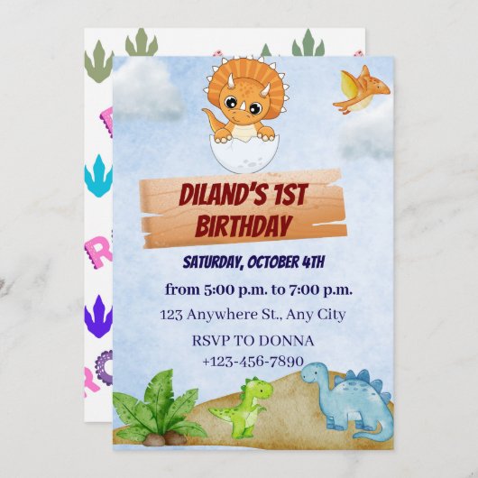 Dinosaur One A-Saurus Boy 1e verjaardag Uitnodigin Kaart (Voorkant / Achterkant)