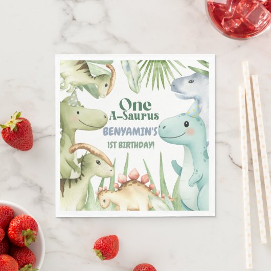 Dinosaur One-A-Saurus Boy 1st Birthday Party Invit Servet (Insitu)
