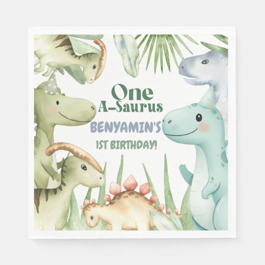 Dinosaur One-A-Saurus Boy 1st Birthday Party Invit Servet (Voorkant)