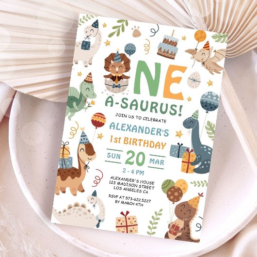 Dinosaur One A-Saurus Boy 1st Birthday Party  Kaart
