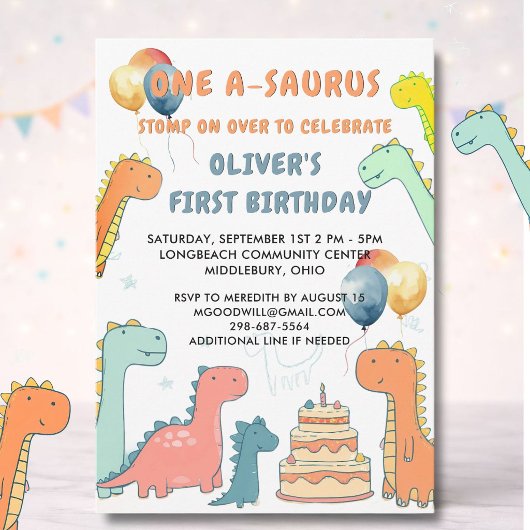 Dinosaur One-A-Saurus Boy 1st Birthday Party   Kaart