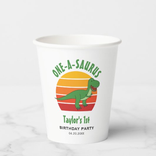 Dinosaur One-A-Saurus Genderneutraal 1e verjaardag Papieren Bekers (Voorkant)