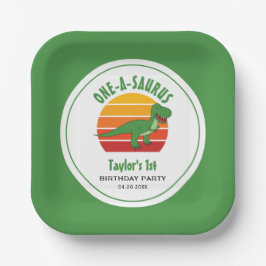 Dinosaur One-A-Saurus Genderneutraal 1e verjaardag Papieren Bordje