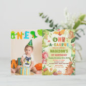 Dinosaur One-A-Saurus Greenery 1e verjaardag foto Kaart (Staand voorkant)