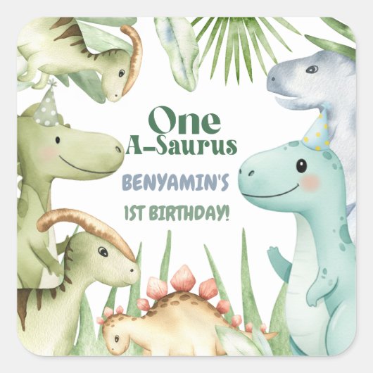 Dinosaur One-A-Saurus Jongen 1e Verjaardagsfeest U Vierkante Sticker (Voorkant)