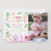 Dinosaur One-A-Saurus Meisje 1e Verjaardag Foto Kaart (Voorkant)