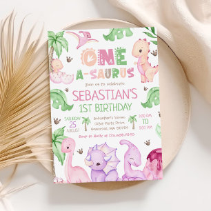 Dinosaur One-A-Saurus Meisje 1e Verjaardagsfeest Kaart