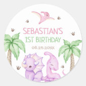 Dinosaur One-A-Saurus Meisje 1e Verjaardagsfeest Ronde Sticker (Voorkant)