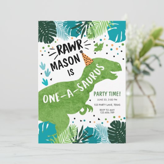 Dinosaur one-A-Saurus RAWR 1st First Birthday Invi Kaart (Staand voorkant)