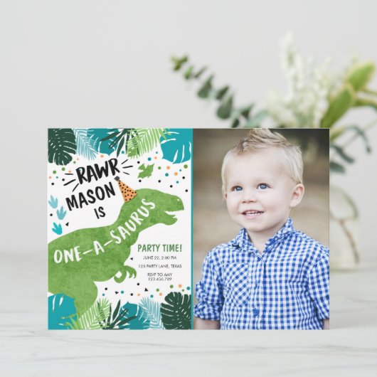 Dinosaur One-A-Saurus RAWR 1ste eerste verjaardag Kaart (Staand voorkant)