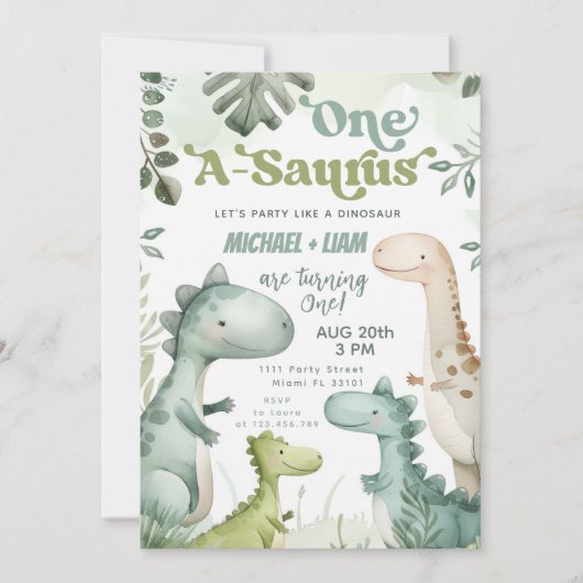 Dinosaur One-A-Saurus Tweeling Jongens 1e Verjaard Kaart (Voorkant)