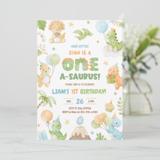 Dinosaur One-A-Saurus Uitnodiging voor 1e verjaard (Staand voorkant)