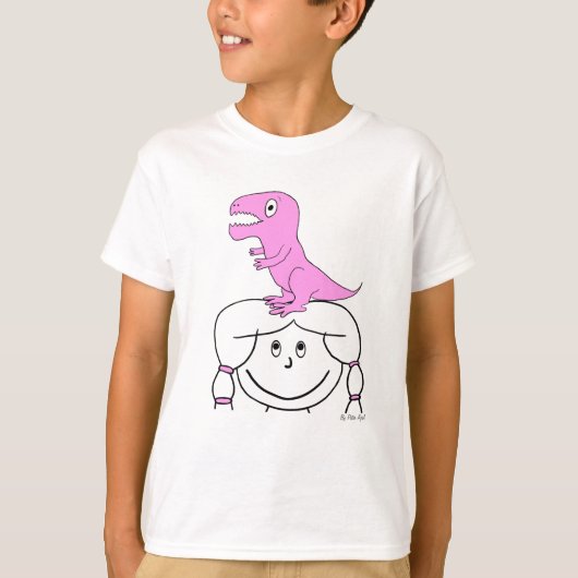 "Dinosaur op mijn hoofd!" Meisjesappel (roze dino) T-shirt (Voorkant)