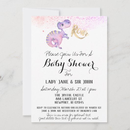 ** Dinosaur Paarse Yellow Dragon Baby Shower Kaart (Achterkant)