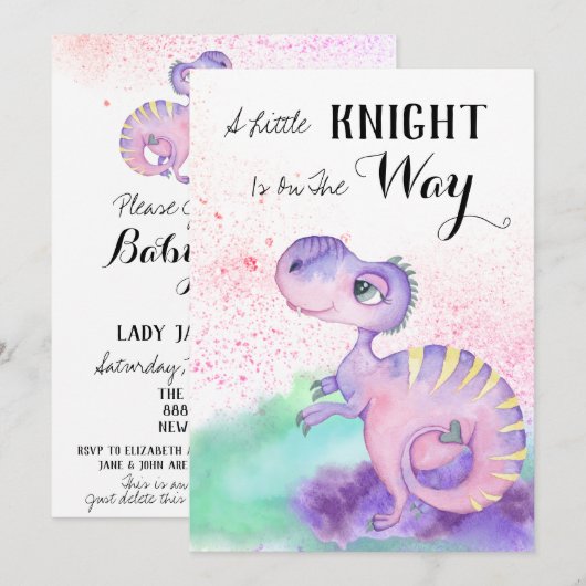 ** Dinosaur Paarse Yellow Dragon Baby Shower Kaart (Voorkant / Achterkant)