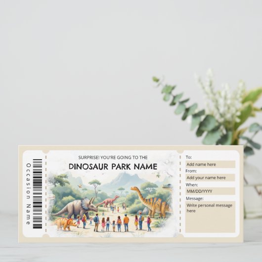 Dinosaur Park Ticket Gift Certificate Template Kaart (Staand voorkant)
